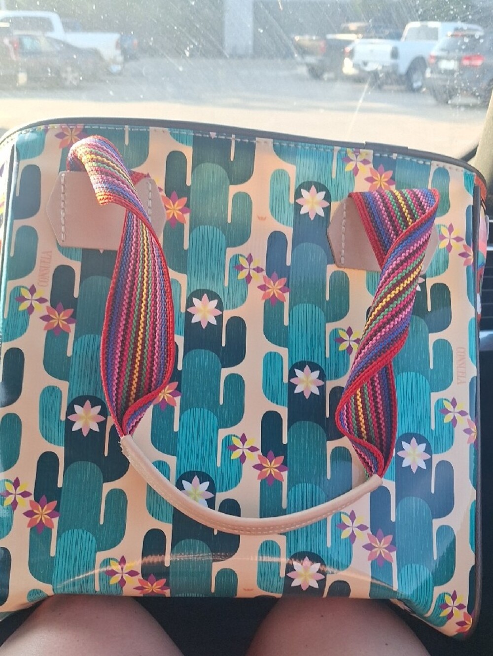 Consuela Teal Floral Patchwork Tote with Multicolor Striped Strap - Picture 4 of 5